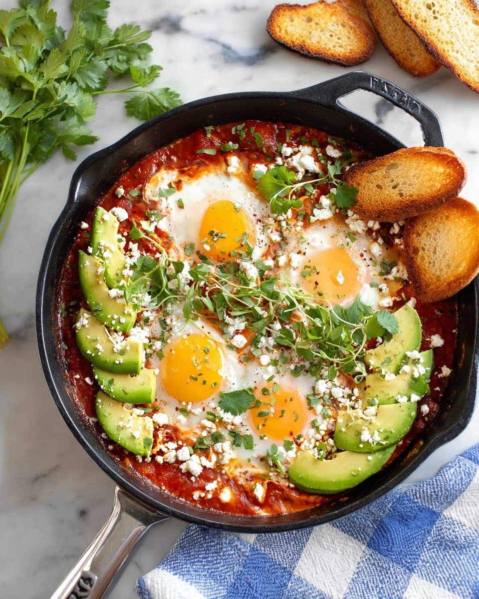 A black skillet filled with three sunny yellow eggs with soft white edges, set on a thick red tomato sauce base mixed with small pieces of vegetables and herbs. The dish is topped with bright green sliced avocado arranged in three small groups on top of the eggs, white crumbly cheese sprinkled around, and fresh leafy green herbs scattered all over. On the right side of the skillet, there are three pieces of sliced white bread resting partly on the sauce. The skillet is placed on a white marbled surface with a blue and white checkered cloth underneath one side. Photo taken with an iphone --ar 4:5 --v 7