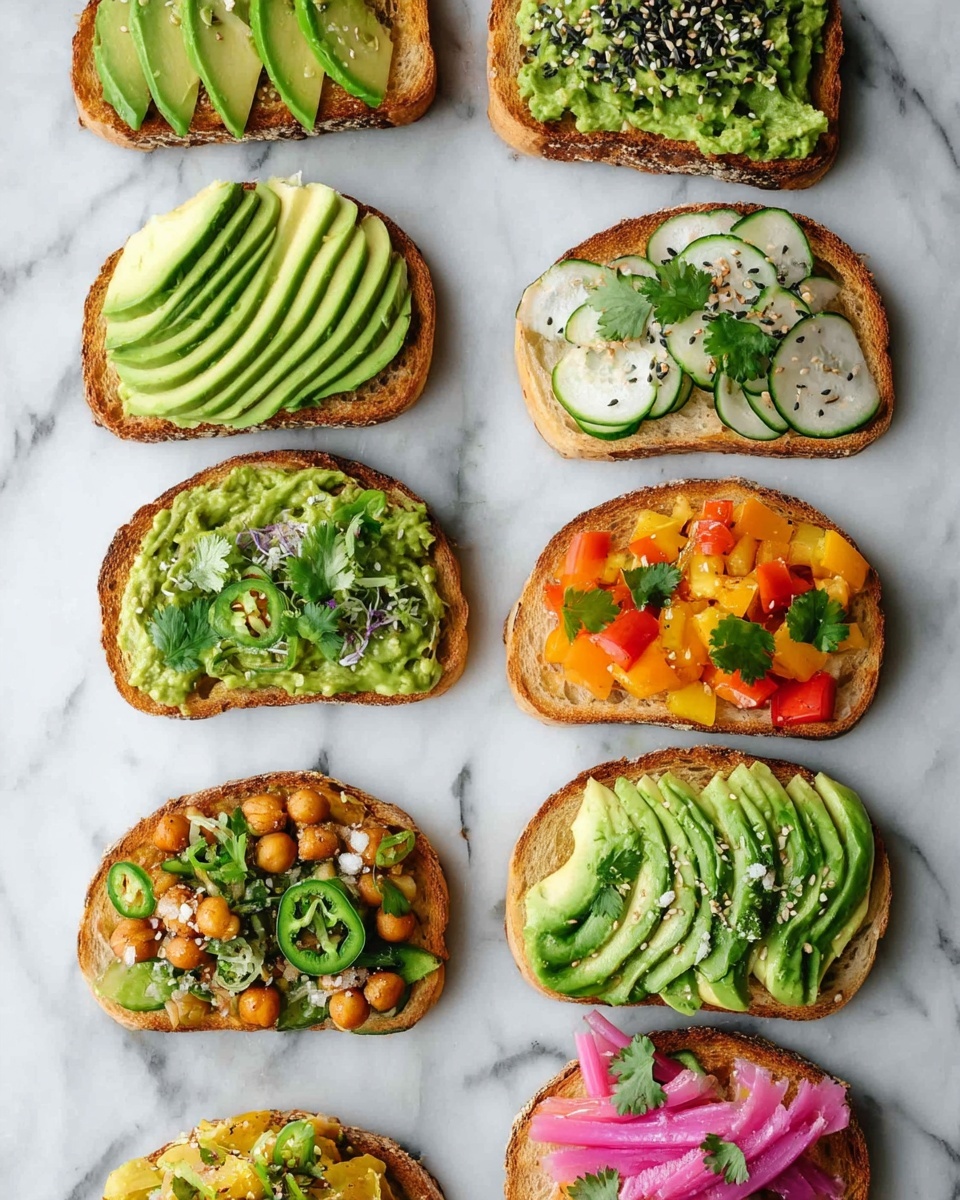 A single slice of toasted bread with a lightly golden crust is laid flat on a white marbled surface. The first layer on the toast is a spread of mashed green avocado, topped with thin slices of cucumber arranged evenly. On top of this layer, thin julienne strips of bright orange carrot and pale pink radish are scattered randomly. Thin round slices of green jalapeño with visible seeds are placed over the vegetables, along with a few fresh green cilantro leaves for garnish. The colors are vibrant and fresh, showing a mix of smooth, crisp, and leafy textures. photo taken with an iphone --ar 4:5 --v 7