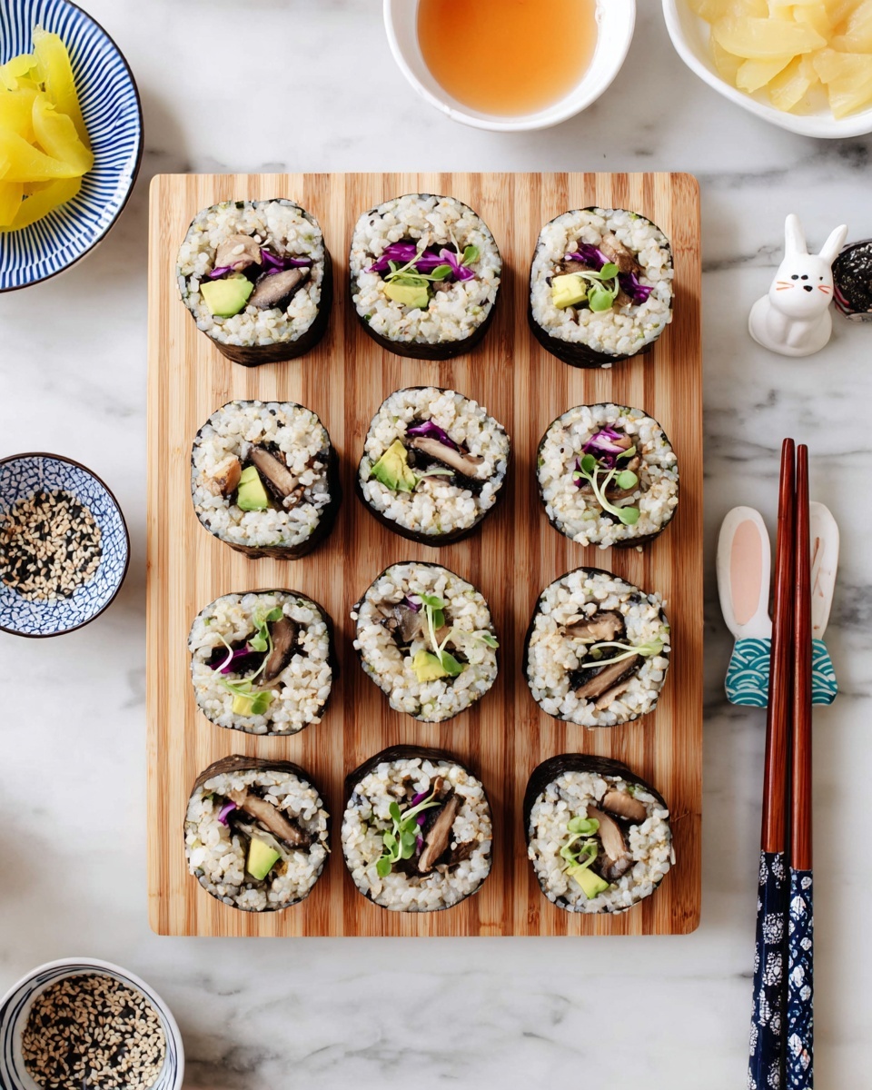 The image shows twelve sushi rolls neatly arranged in a 3 by 4 grid on a light brown wooden board with parallel stripes. Each sushi roll has an outer layer of dark seaweed wrap, then a thick layer of white rice mixed with light tan grains, filled with small pieces of green avocado, dark brown mushrooms, and thin strips of purple cabbage. One sushi roll in the bottom right corner has some small green sprouts on top. Surrounding the wooden board on a white marbled surface are several small white bowls: one with yellow pickled ginger on a blue and white plate, another with light brown dipping sauce with an orange tint, and a small bowl with black and white sesame seeds. To the right of the sushi board are two wooden chopsticks with dark blue floral-patterned handles held together by a white rabbit-shaped chopstick rest. Photo taken with an iphone --ar 4:5 --v 7