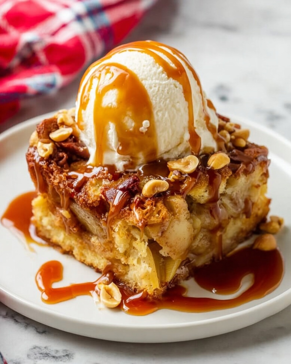 A square piece of bread pudding is placed in the center of a white plate with a scalloped edge. The bottom layer is a golden-brown baked bread base, soft and slightly crusty on the edges. On top, there is a thick layer of chopped apples with red skin, mixed with small pieces of crushed walnuts that add a rough texture. The colors range from light beige bread, pale yellow apples, to brown nuts. The plate rests on a white marbled surface, and on the left side, part of a folded cloth with red, white, and grey stripes is visible. Photo taken with an iphone --ar 4:5 --v 7