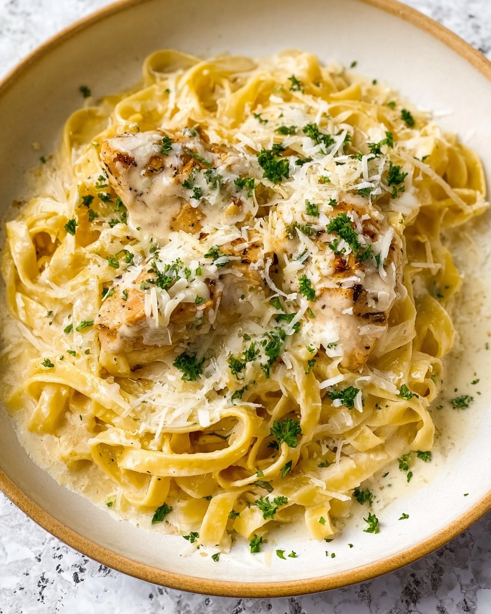 A round white plate filled with a base layer of creamy light yellow fettuccine pasta arranged loosely. On top of the pasta, there are two pieces of cooked light brown chicken covered with a white creamy sauce. The dish is sprinkled with grated white cheese and small green herb leaves scattered evenly over the pasta and chicken. The plate sits on a white marbled surface with soft natural light highlighting the textures. photo taken with an iphone --ar 4:5 --v 7