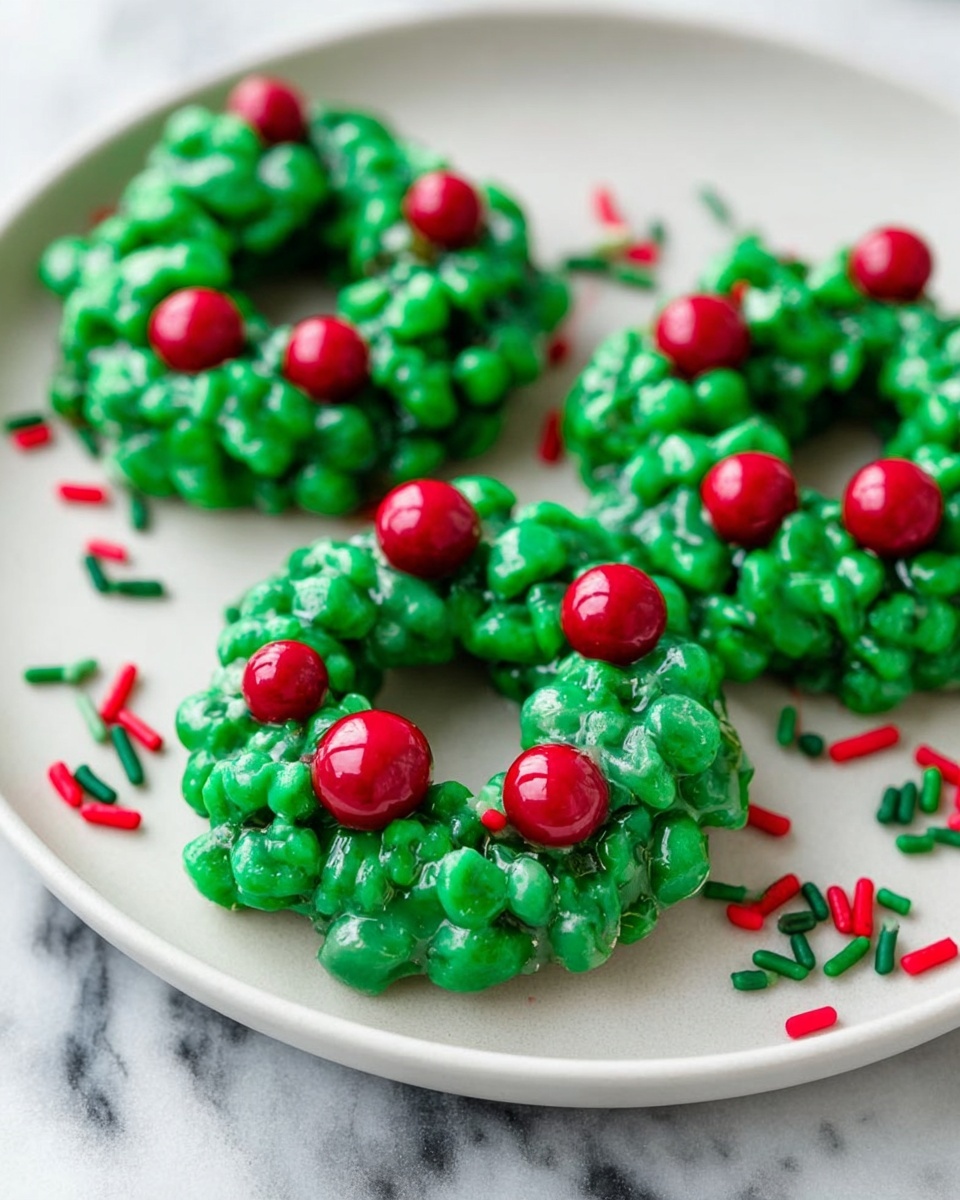 The image shows three green wreath-shaped treats on a white plate placed on a white marbled surface. Each wreath is made of bright green clusters with a glossy texture, stacked tightly to form a small ring. On each wreath, there are three shiny red spherical decorations placed in groups, resembling berries. Around the wreaths on the plate are scattered small red and green rod-shaped sprinkles. The overall look is festive, with a clear focus on the bright green and red colors. Photo taken with an iphone --ar 4:5 --v 7