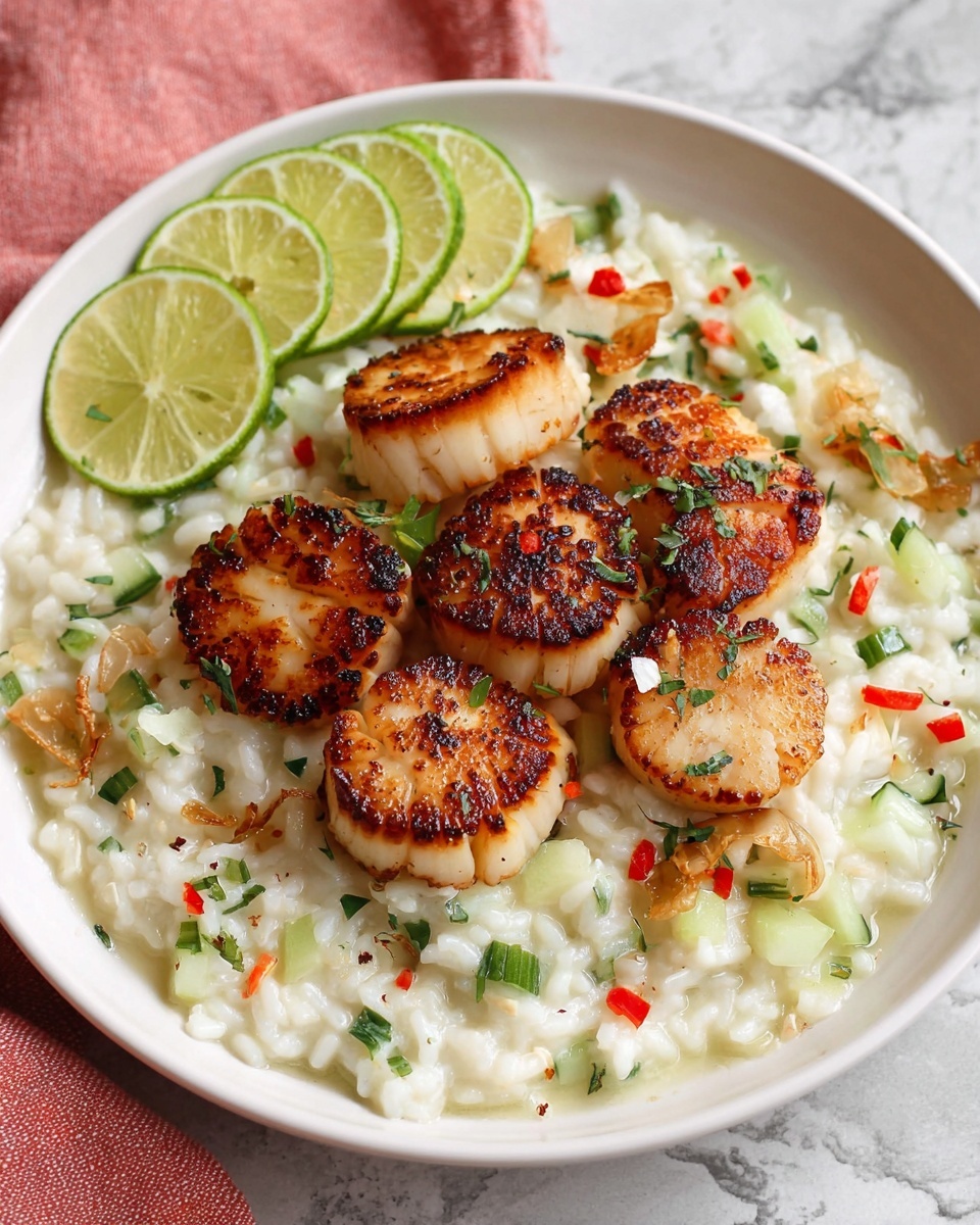The dish features a white round plate with a base layer of creamy risotto mixed with small red and green vegetable bits scattered throughout. On top, there are six browned scallops arranged in a small pile in the center. Around the scallops, small green cucumber cubes and thin, dark fried onion strips are sprinkled. On the left side of the plate, four thin lime wedges rest against the risotto. The plate sits on a soft peach-colored cloth on a white marbled surface, with a blurred green bowl and a glass of ice water with a green leaf in the background photo taken with an iphone --ar 4:5 --v 7
