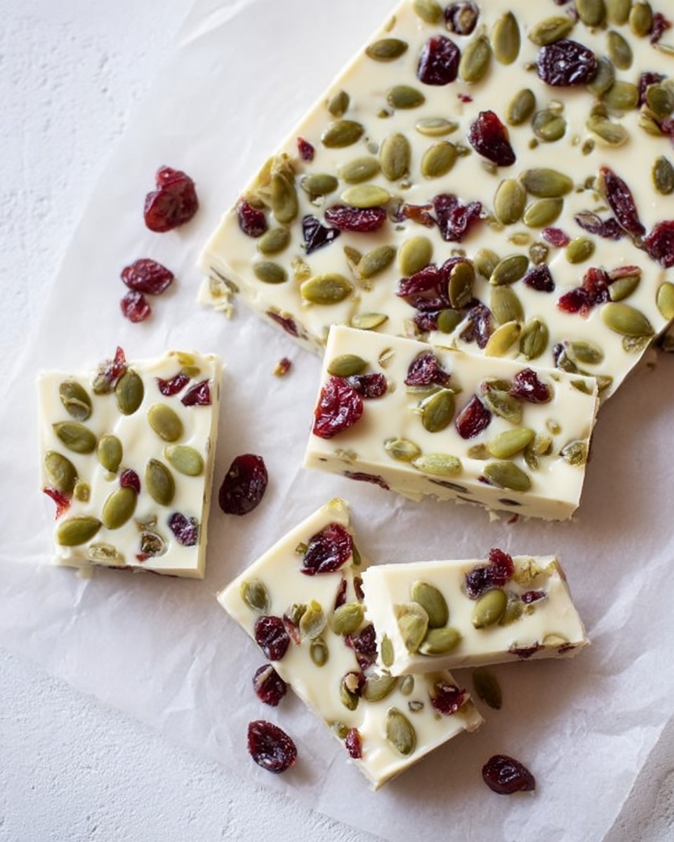 A flat, square piece of white chocolate bark lies on white parchment paper on a white marbled surface. The bark has three visible layers: the smooth white chocolate base, a middle layer mixed evenly with green pumpkin seeds and dark red dried cranberries, and the top layer is a thin, glossy white chocolate coating with more pumpkin seeds and cranberries spread across. Several small square and rectangular pieces are cut and placed beside the bark, showing the layers and colorful seeds and berries inside. Photo taken with an iphone --ar 4:5 --v 7
