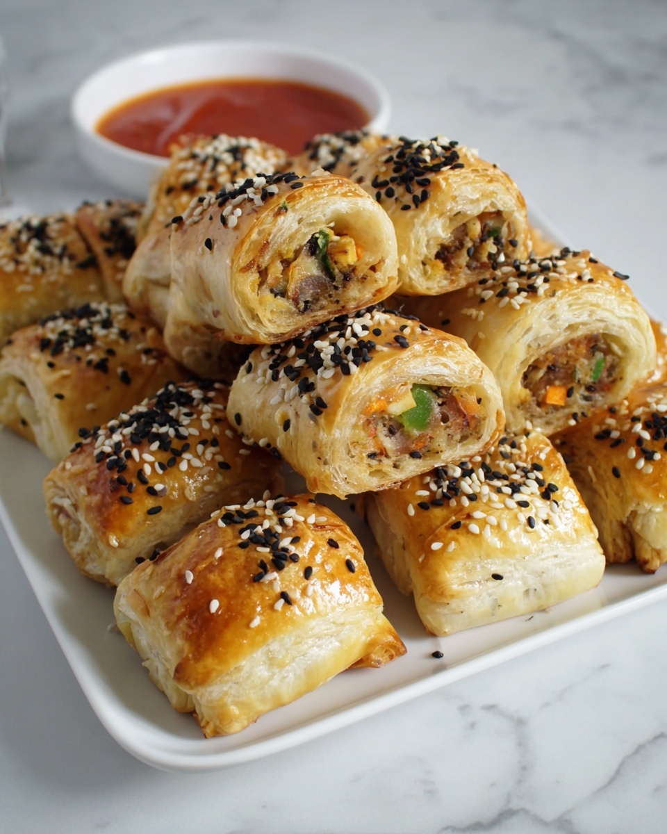 A white plate holds many puff pastry snacks shaped like small rectangles, each topped with a mix of black and white sesame seeds. The pastries have a golden brown, shiny crust with a flaky texture. The inside shows a filling of mixed colors, mostly light brown with bits of green and orange, visible from one pastry placed in the front. The plate sits on a white marbled surface with a small white dish of red sauce in the background slightly out of focus. photo taken with an iphone --ar 4:5 --v 7
