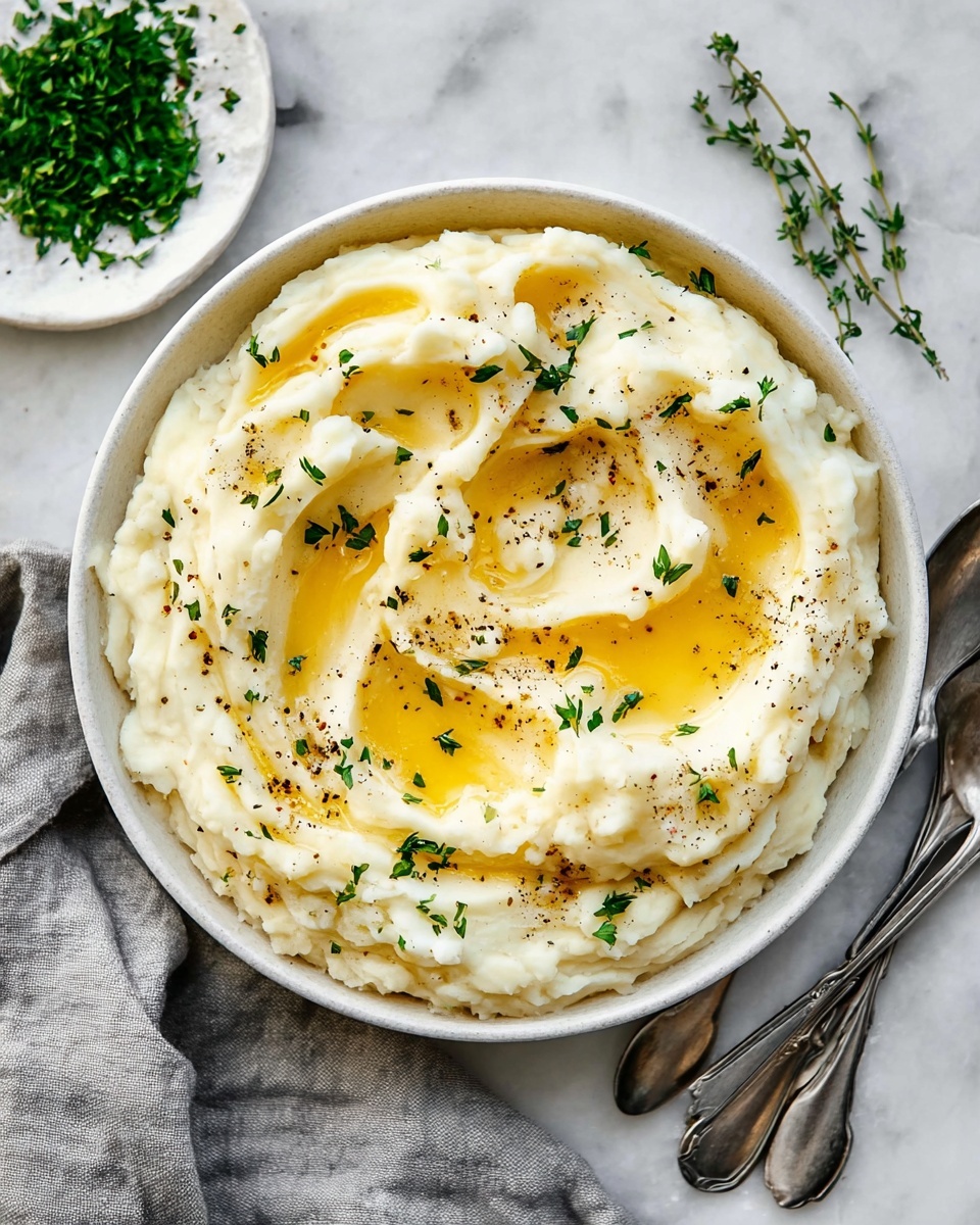 A white bowl filled with creamy mashed potatoes forms the base layer, with a soft and smooth texture, slightly uneven with small peaks. On top, there are two dollops of melting golden butter that spread slightly into the mashed potatoes, creating shiny pools of yellow. Small green parsley flakes and coarse black pepper are sprinkled over everything, adding colors of green and black on the white and yellow base. The bowl sits on a white marbled surface, with a beige cloth softly draped in the background and a silver spoon resting nearby. Photo taken with an iphone --ar 4:5 --v 7