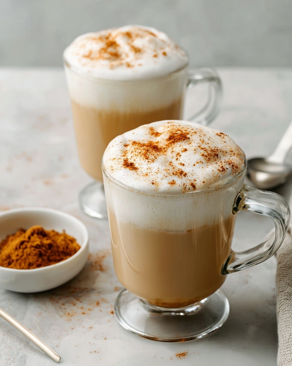 The image shows two clear glass mugs filled with a creamy beige drink topped with a thick layer of white foam and sprinkled with light brown powder on top. The mugs are placed on a white marbled surface, with one mug slightly behind the other. To the right, there is a small white bowl containing more of the light brown powder and a white spoon inside it. The background includes a white milk bottle and a beige cloth on the left side. photo taken with an iphone --ar 4:5 --v 7
