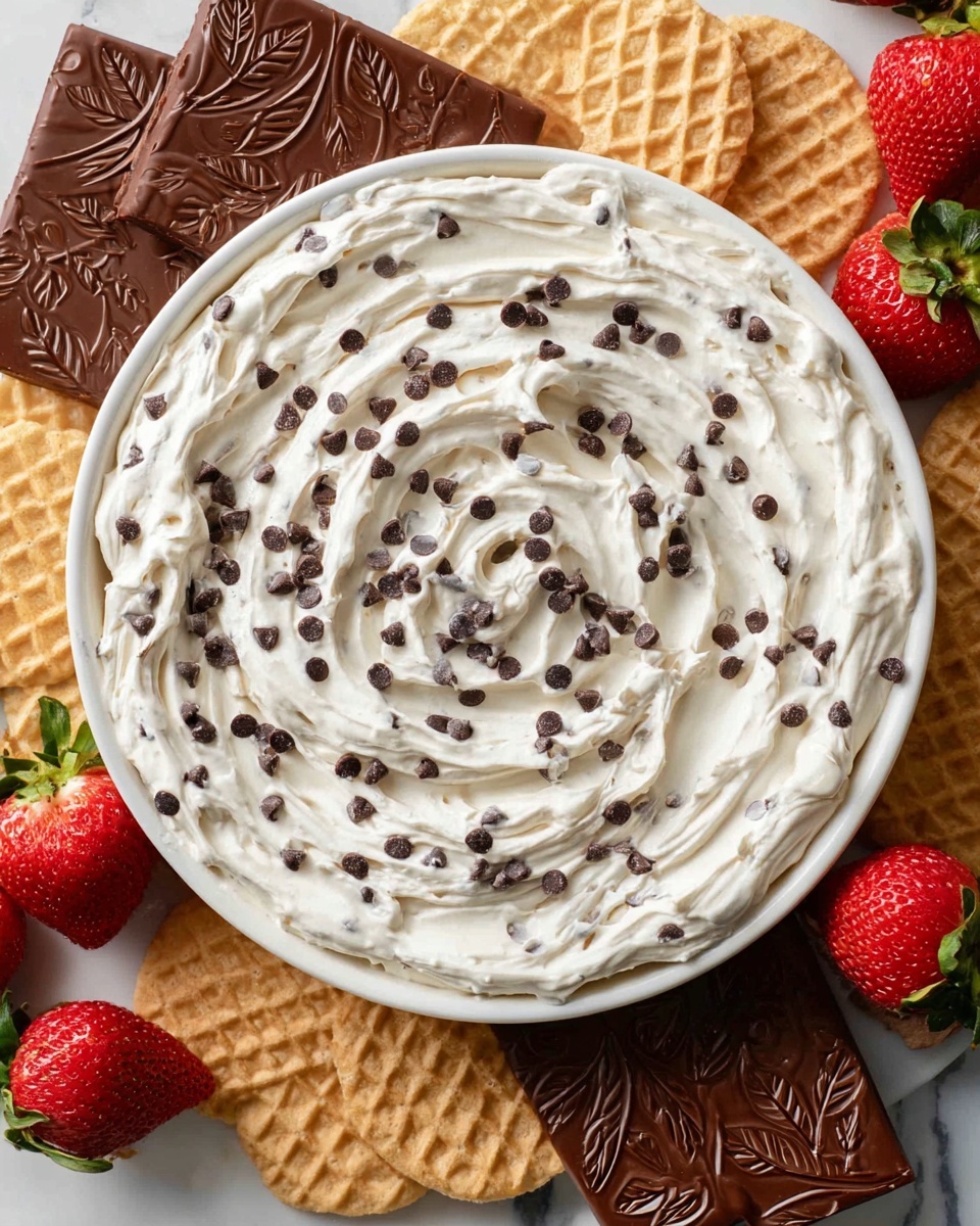 A white round dish filled with a creamy white dip mixed with small dark chocolate chips, spread in soft swirls on top. Around the dish, on a white square plate with a white marbled surface underneath, are three groups of snacks arranged neatly: on the left, light brown waffle cookies with a grid pattern; on the top right, a small bunch of bright red strawberries with green leaves; and on the bottom right, rows of rectangular chocolate-topped cookies with light brown edges. The whole setting is clean and bright. photo taken with an iphone --ar 4:5 --v 7