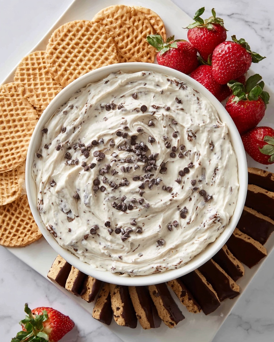This image shows a white round dish filled with one thick layer of creamy, light beige dip mixed with many small dark brown chocolate chips spread unevenly on the surface. Around the dish, there are three round golden-brown waffle cookies placed at the top, several bright red strawberries with green leaves on the left side, and some square chocolate pieces with a carved cocoa pod design stacked near the bottom right. The whole scene is set on a white marbled surface. photo taken with an iphone --ar 4:5 --v 7