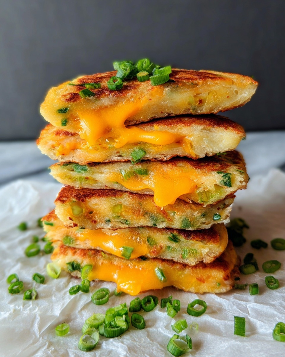 The image shows a close-up of a round, golden-brown flatbread with green herbs mixed in the dough, folded in half. Inside, there is a layer of melted bright yellow cheese that looks smooth and creamy, oozing slightly from the edges. The flatbread has a slightly crisp and uneven texture with spots of darker browning on the surface. The whole item sits on a white marbled surface. photo taken with an iphone --ar 4:5 --v 7