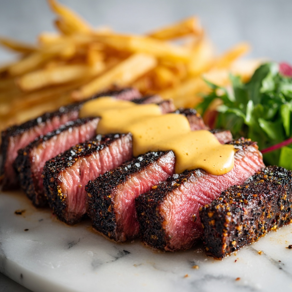 The image shows several slices of medium-rare steak arranged on a wooden board. The steak has a dark, seared crust on the outside and a warm pink center inside. A rich, orange-brown sauce is drizzled over the top slices, adding shine and moisture. A silver fork is holding one slice at the bottom, showing off its juicy texture. Coarse salt grains are scattered lightly on and around the steak. In the background, a small white bowl with more of the same sauce is slightly visible. The surface under the board is a white marbled texture. Photo taken with an iphone --ar 4:5 --v 7