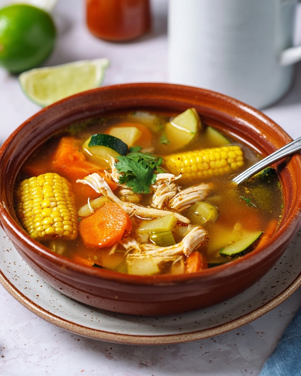 A deep terracotta bowl filled with clear broth soup layered with bright orange carrot slices, yellow corn on the cob piece, light green celery chunks, and dark green zucchini slices, with shredded light brown chicken pieces scattered throughout. A silver spoon rests inside the bowl on the right. Garnished at the back edge with a fresh green cilantro sprig and a yellow lime wedge. The bowl sits on a light speckled white plate on a white marbled surface with a blurred white mug and sauce bottle in the background. Photo taken with an iphone --ar 4:5 --v 7