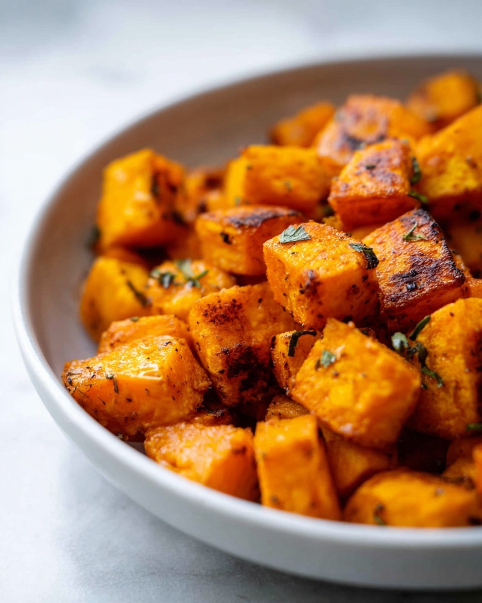 The image shows a close-up of a bowl filled with small, golden-orange roasted cubes. The cubes have a slight char on some edges with a textured surface that looks soft and slightly crispy. Some green herb flakes are visible scattered among the cubes, adding a touch of color contrast. The bowl is white, and it rests on a white marbled surface, giving a clean and bright background to the vivid color of the roasted cubes. The focus is tight on the food, with soft lighting highlighting the warm orange and brown tones of the roasted pieces. photo taken with an iphone --ar 4:5 --v 7