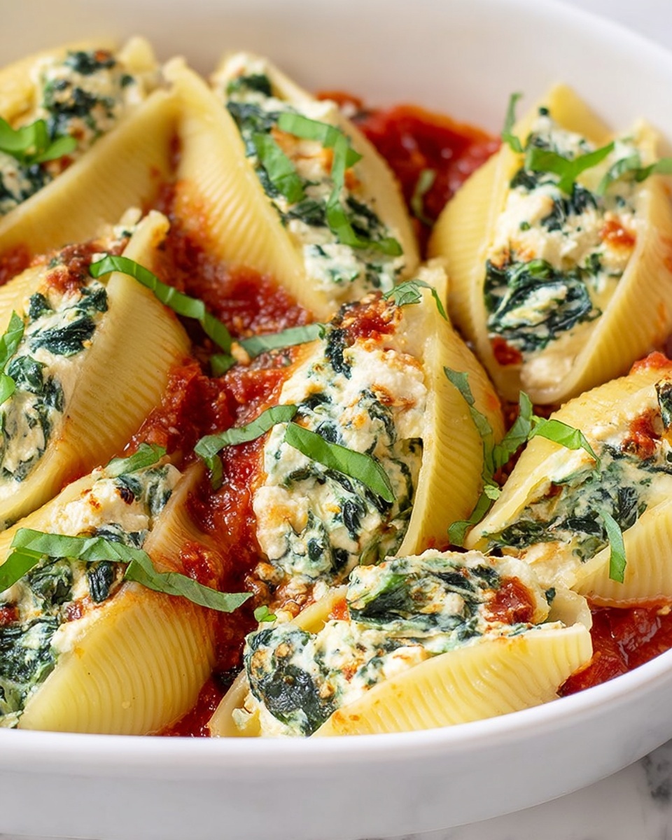 The image shows large pasta shells stuffed with a creamy, white cheese and spinach mixture, placed in a white baking dish. The pasta shells are a pale golden color with ridges and are arranged closely together in a single layer. Beneath the shells is a thick layer of rich, red tomato sauce spread evenly across the bottom of the dish. The cheese filling has green spinach leaves mixed within, and the tops of the shells are garnished with thin strips of fresh green basil. The white marbled surface is visible around the dish edges. Photo taken with an iphone --ar 4:5 --v 7