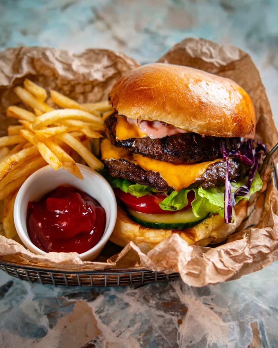 The image shows a large burger with two dark brown grilled patties stacked on top of each other, each separated by bright orange melted cheese. Under the patties, there is a layer of green lettuce and a slice of red tomato, along with a ring of pale green cucumber. The burger is held together by a shiny, golden brown toasted bun with a bit of light pink sauce spread on the inside of the top bun. Next to the burger, there is a pile of golden yellow French fries. On the side, a small white bowl contains thick, shiny red ketchup. The entire meal is placed on crumpled brown parchment paper inside a wire basket, all set on a white marbled surface. Photo taken with an iphone --ar 4:5 --v 7