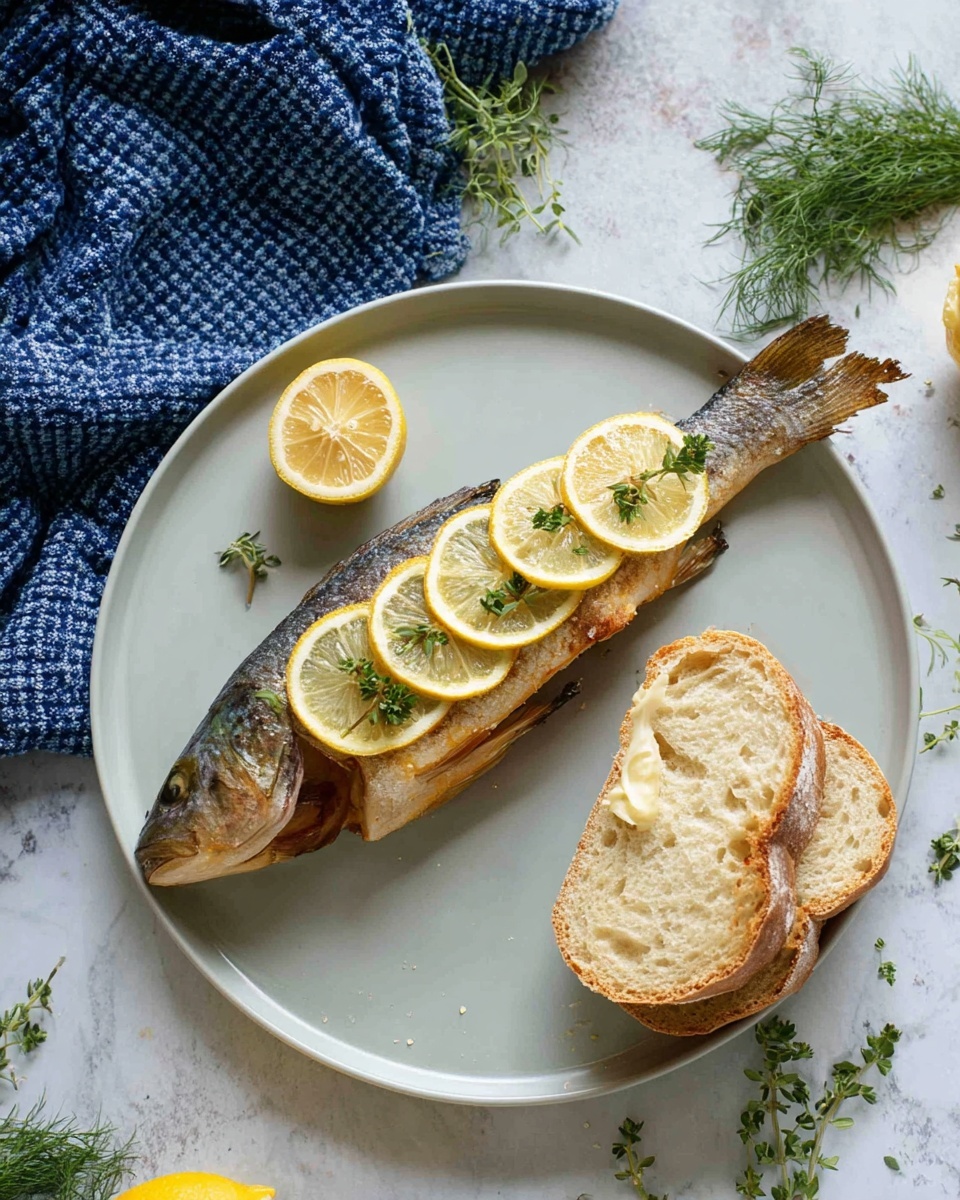 A whole cooked fish with golden-brown skin lies flat, topped with thin, overlapping yellow lemon slices covering the middle and tail end. The fish's head end shows pink, moist flesh exposed with green dill sprigs peeking from inside. The dish rests on a white marbled textured surface, with some liquid around the fish. photo taken with an iphone --ar 4:5 --v 7