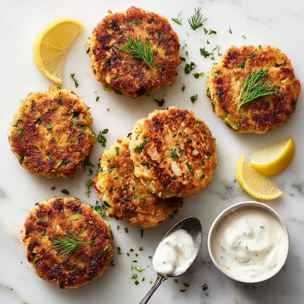 The image shows five golden-brown patties arranged in a circular pattern on a white plate with a white marbled texture background. The patties have green bits of herbs and vegetables visible inside and are garnished with small sprigs of dill on top. Two lemon wedges are placed between the patties and a small white bowl filled with a creamy white sauce is placed on the side. The lemon wedges are bright yellow and positioned near the bowl and patties. Photo taken with an iphone --ar 4:5 --v 7