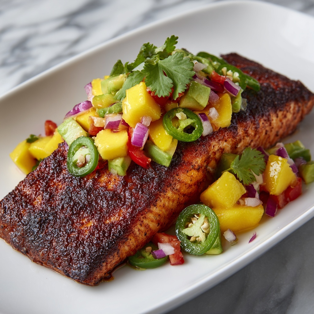 A rectangular, dark brown grilled fish fillet with a crispy textured surface sits on a white plate. On top of and slightly overlapping the fillet, there is a colorful salsa made of large chunks of yellow mango, red pieces of red onion, green sliced jalapeño, and green avocado, all mixed with small bits of cilantro. The background is a white marbled surface. Photo taken with an iphone --ar 4:5 --v 7