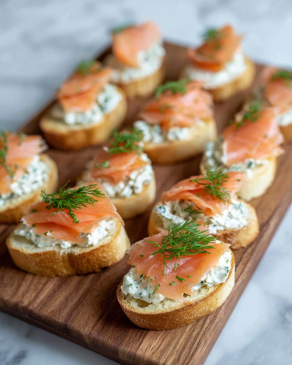 A wooden board holds multiple small appetizers, each with three visible layers: a light golden toasted bread base, a thick layer of creamy white spread with green herbs mixed in, and a folded slice of orange-pink smoked salmon on top. Each piece is garnished with a small sprig of fresh green dill. The board is placed on a white marbled surface. photo taken with an iphone --ar 4:5 --v 7