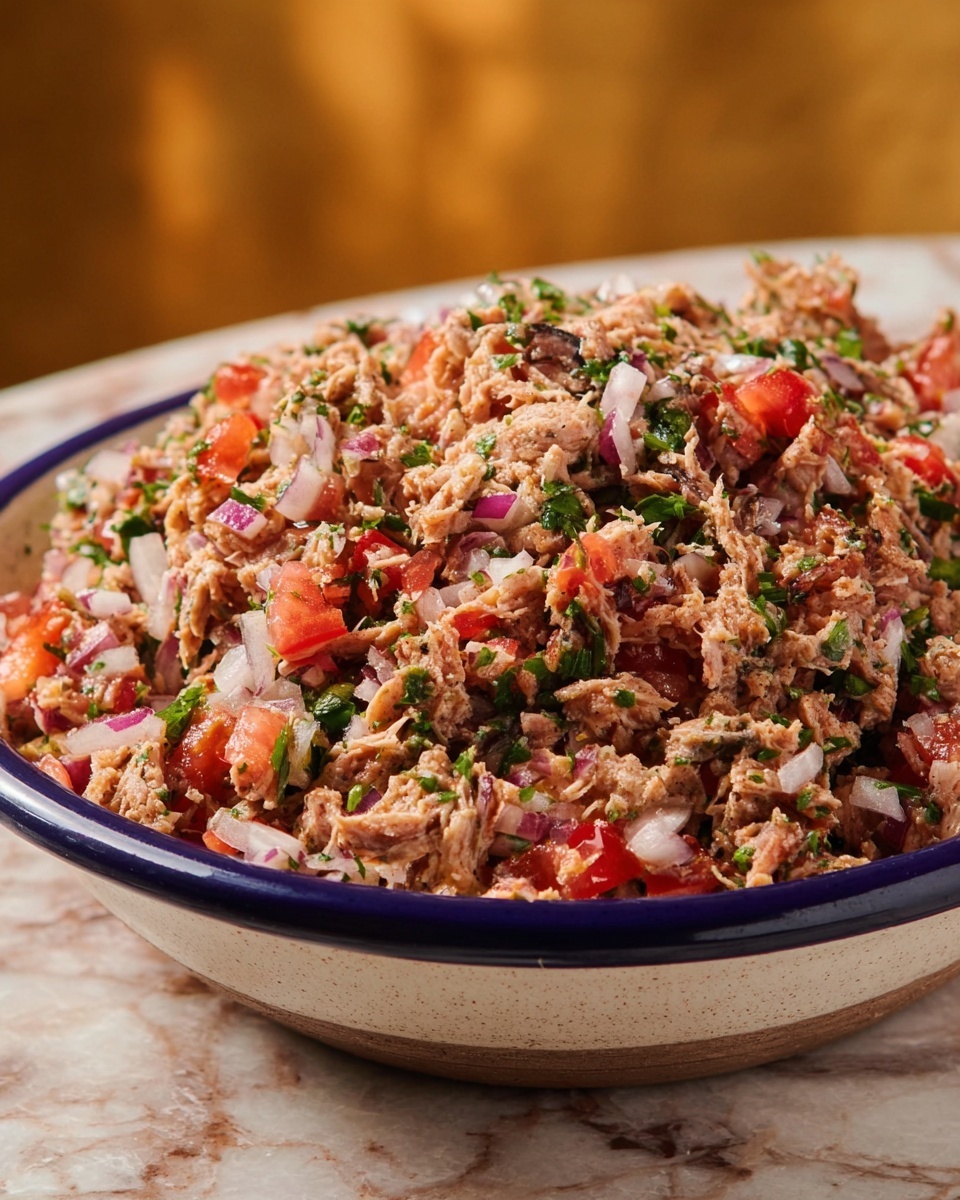 A close-up of a bowl filled with a mixed dish showing shredded meat with small bits of red and green vegetables and finely chopped white pieces, giving it a textured look. The bowl is white with a dark blue rim and some green decorative patterns. Behind it, there is a white plate with a small pile of white rice that looks soft and fluffy. In the background, there’s a woven basket placed on a white marbled surface. The colors in the dish stand out against the smooth, white surface photo taken with an iphone --ar 4:5 --v 7