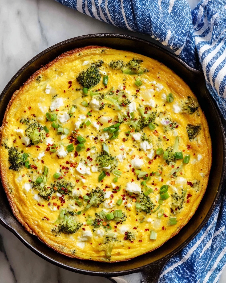 A round frittata sits in a black cast iron pan, its top layer a bright yellow mix of cooked eggs dotted with small white cheese chunks and scattered green broccoli florets and chopped green onions. Tiny red chili flakes are sprinkled across the surface, adding small red spots for color contrast. The edges of the frittata show a lightly browned crust that meets the black pan, which rests on a white marbled surface next to a blue and white striped cloth. The texture of the cooked eggs appears soft and slightly fluffy with visible bits of vegetables spread evenly. Photo taken with an iphone --ar 4:5 --v 7