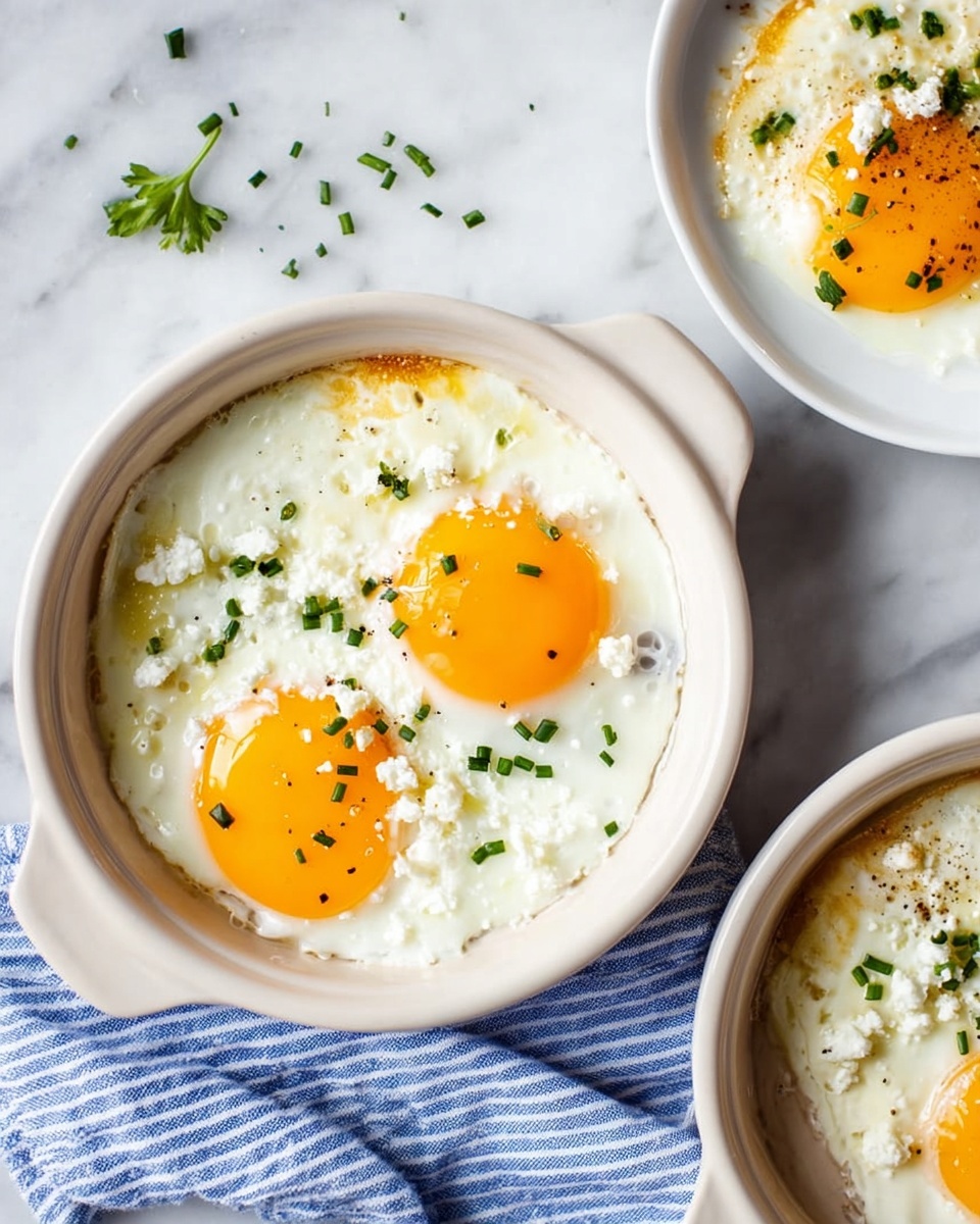 The image shows a white round ceramic dish with two sunny-side-up eggs on a white marbled surface. Each egg has a bright orange yolk and a smooth, shiny white layer of cooked egg white beneath. The eggs are sprinkled with small green chive pieces and tiny green herb leaves, and some white crumbly cheese dots are scattered on the egg whites. There is a blue and white striped cloth partially visible under the dish. Two more white round dishes each hold a single sunny-side-up egg topped with green chives, placed around the main dish. photo taken with an iphone --ar 4:5 --v 7