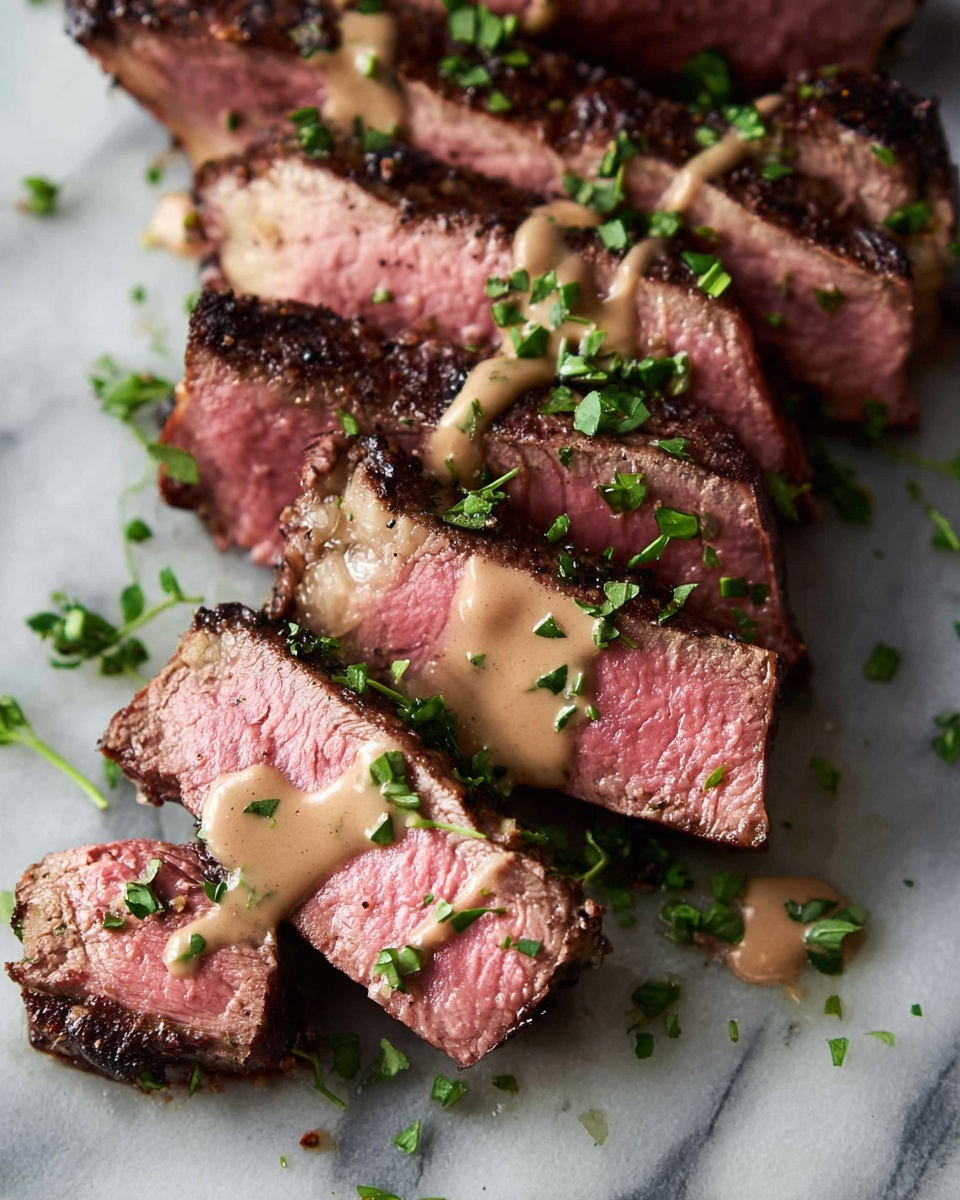 A large piece of cooked steak with a dark, crispy outer crust sits on a white marbled surface. Below the steak are three slices of medium-rare meat, showing a pink center and a brownish outer layer. The slices are topped with light brown sauce that has a smooth texture. Fresh green parsley leaves are scattered on and around the steak and slices, adding a pop of color. The surface underneath is white with subtle marbled patterns. photo taken with an iphone --ar 4:5 --v 7