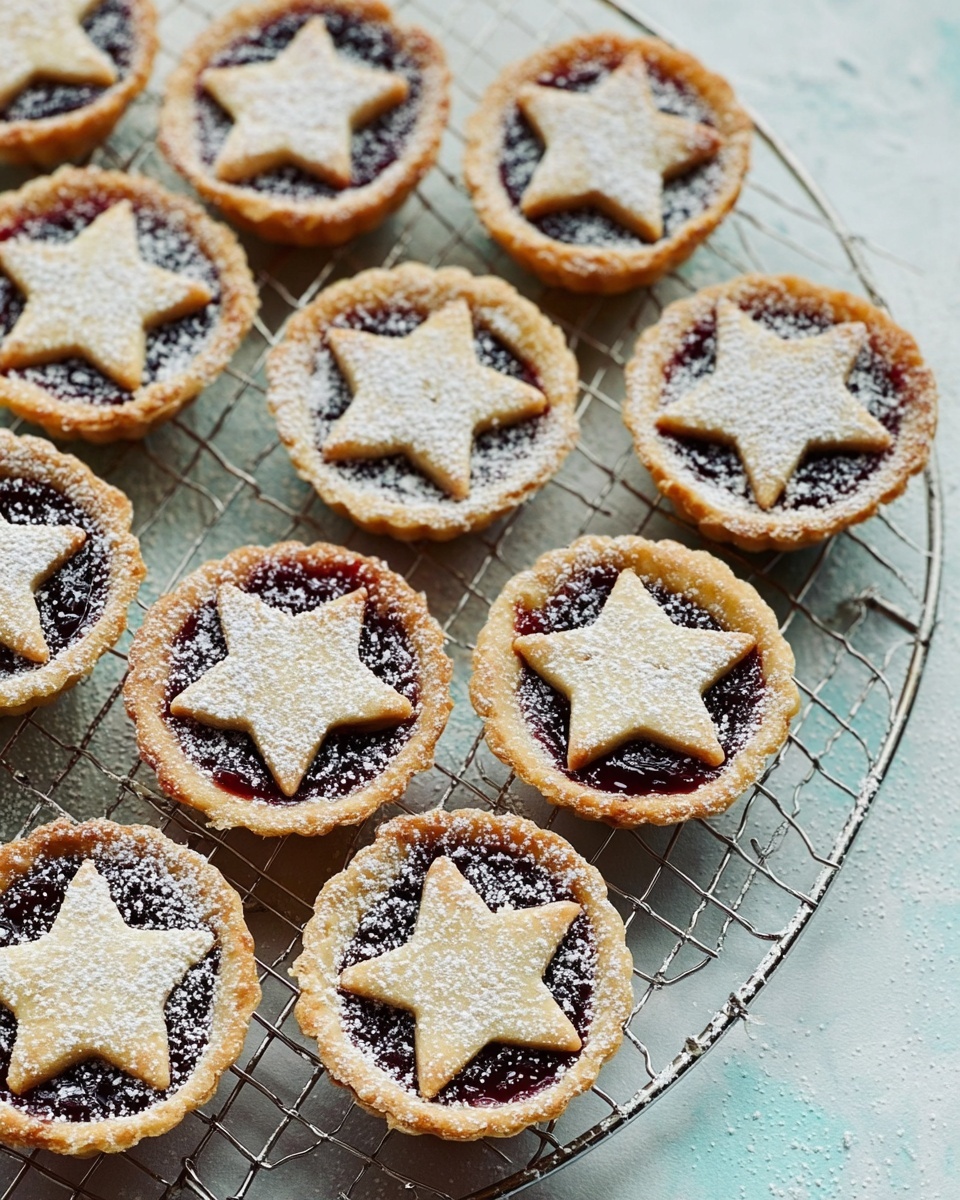 Several small round tarts with a golden brown crust are arranged closely on a cooling rack. Each tart has a dark red filling topped with a star-shaped piece of pastry dusted with white powdered sugar. The crust looks crisp with a slightly rough edge, and the star pieces appear slightly puffed and soft. The cooling rack is placed on a white marbled surface, creating a clean and bright background. photo taken with an iphone --ar 4:5 --v 7