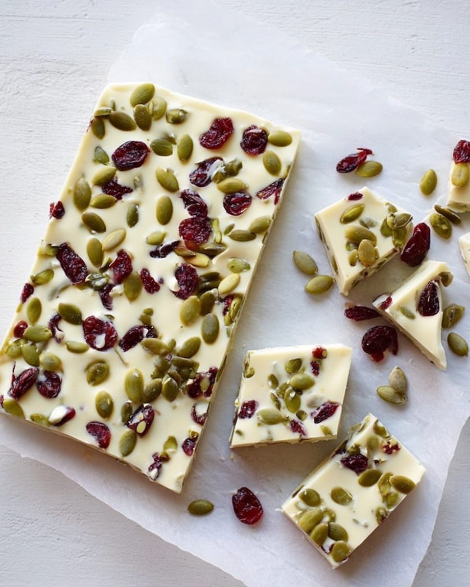 The image shows three square pieces of white chocolate bark on a white marbled surface. Each square has a creamy white base with green pumpkin seeds and dark red dried cranberries scattered on top, embedded into the white chocolate layer. In the background, there is a larger slab of the same bark on parchment paper, slightly out of focus. The texture of the bark looks smooth and firm, with seeds and cranberries creating a rough, colorful contrast. photo taken with an iphone --ar 4:5 --v 7