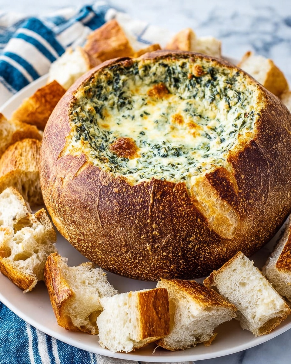 A large round loaf of bread is hollowed out and filled with creamy spinach artichoke dip that is light green with bits of darker green spinach and small browned spots on top from baking. The thick crust of the bread is golden brown with slightly darker edges, showing a toasted texture. Surrounding the bread bowl on a white plate are chunks of bread with white soft insides and toasted brown crusts, ready for dipping. All this is set on a white marbled surface with a striped blue and white cloth slightly visible under the plate, photo taken with an iphone --ar 4:5 --v 7