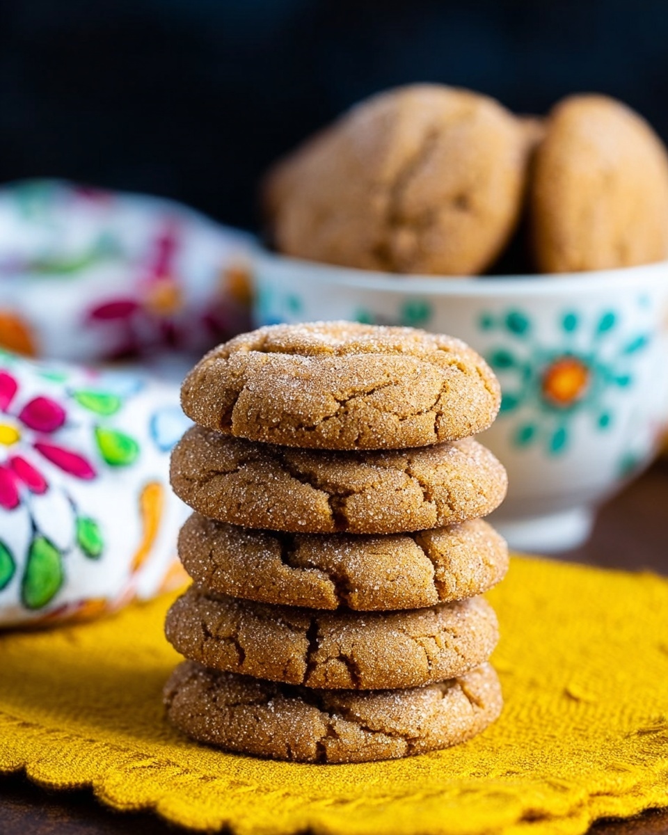 A stack of six light brown sugar-coated cookies with cracked tops is placed on a white marbled surface covered by a yellow cloth with white patterns. Nearby, three similar cookies stand inside a small white bowl on a white marbled surface with a colorful floral cloth underneath. The cookies have a rough texture with sugar visible on the surface, giving them a crunchy look. photo taken with an iphone --ar 4:5 --v 7