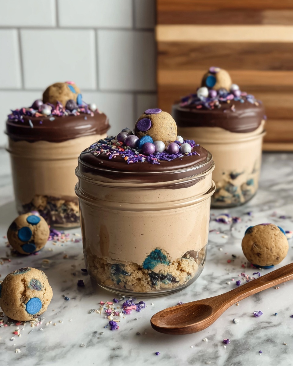 The image shows three transparent glass jars filled with a dessert placed on a white marbled surface. Each jar has three visible layers: the bottom layer is a crumbly brown crust mixed with bits of colorful candy pieces, the middle layer is a smooth, light beige creamy filling, and the top layer is a dark chocolate spread sprinkled with crushed colorful candy bits. In the foreground, there is a wooden spoon, and the background has a blurred wall with white tiles and brown wood. Photo taken with an iphone --ar 4:5 --v 7