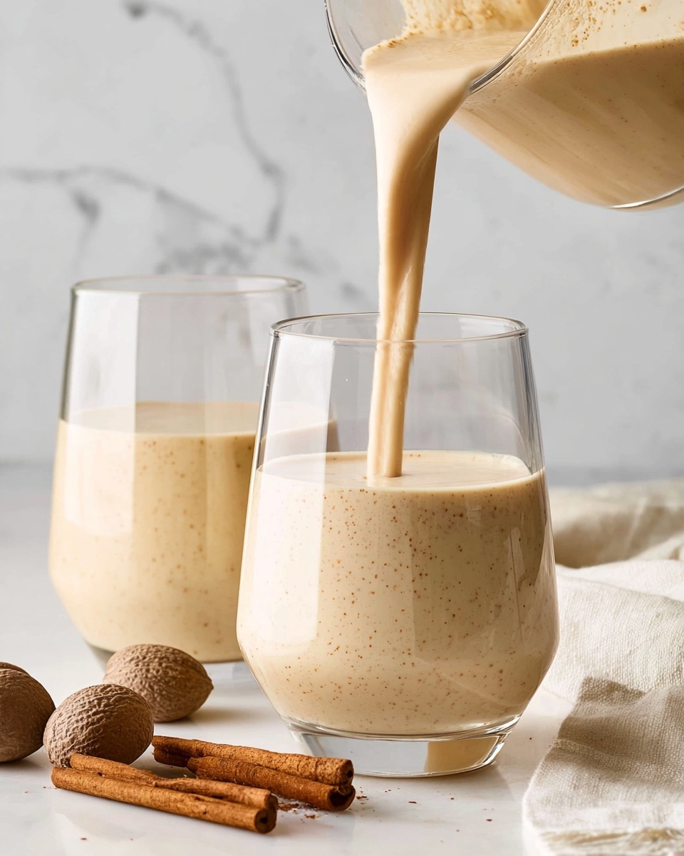 A clear glass is being filled with a creamy light beige drink that has small specks in it, showing a smooth texture, with a second glass filled with the same drink sitting behind it. In front, there are brown cinnamon sticks and whole nutmegs on a white marbled surface. A white cloth is partially visible on the right edge of the image. The background also has a white marbled texture. Photo taken with an iphone --ar 4:5 --v 7