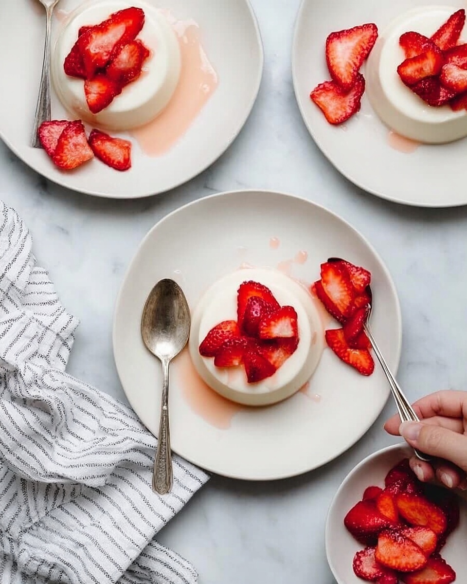 The image shows three white plates on a white marbled surface. Each plate holds a smooth, creamy white panna cotta dessert with a few drops of light pink syrup on top. The panna cotta is topped and surrounded by fresh red strawberry slices arranged in small clusters. Two plates have silver spoons resting on them, one spoon placed on the left side of the panna cotta and the other on the right. A woman's hand holds a spoon poised over one plate full of strawberry slices. A soft striped cloth is partly visible on the left side near one plate. Photo taken with an iphone --ar 4:5 --v 7