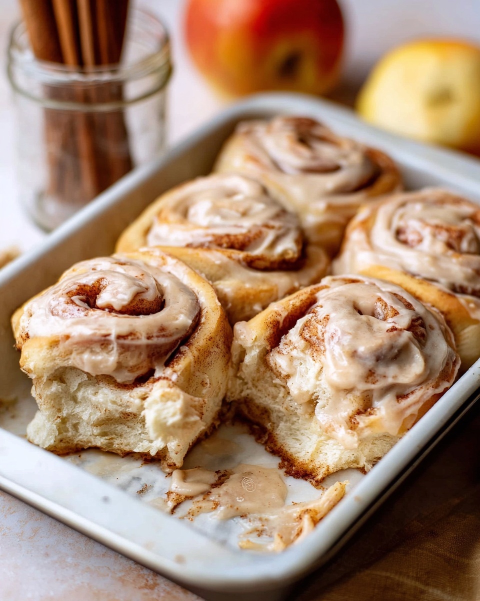 A white rectangular tray is filled with five cinnamon rolls covered in light brown creamy icing. The rolls have a soft, fluffy texture with visible swirls of cinnamon running through each one. One cinnamon roll is slightly lifted, showing the layers inside with a mix of light dough and cinnamon filling. The scene is set on a white marbled surface, and in the background, there is a glass container with cinnamon sticks and a yellowish-red apple blurred out. The overall look is warm and inviting, emphasizing the soft texture and creamy topping of the cinnamon rolls photo taken with an iphone --ar 4:5 --v 7