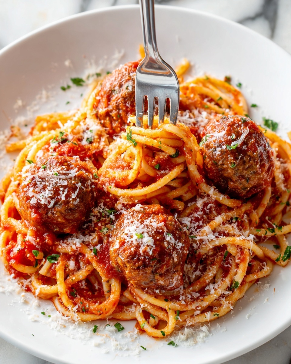 A white plate holds a serving of spaghetti coated in bright red tomato sauce, twisted around the prongs of a silver fork stuck in the middle of the dish. There are five large, brown meatballs covered with tomato sauce and sprinkled with grated white cheese placed evenly around the spaghetti. Small green herb pieces are scattered on and around the food, adding color. The plate sits on a white marbled surface. Photo taken with an iphone --ar 4:5 --v 7