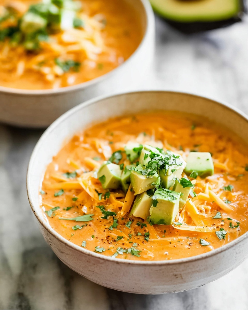 The image shows a close-up of two white bowls filled with a creamy orange soup that appears smooth with small bits inside. Each bowl is topped with several layers including shredded light orange cheese, small green cubes of avocado, and fresh green chopped herbs scattered on top. The bowls are placed on a white marbled surface that adds subtle texture to the background. One bowl is in clear focus in front, while the other is softly blurred in the background. The scene is bright with natural light highlighting the colors and textures. photo taken with an iphone --ar 4:5 --v 7