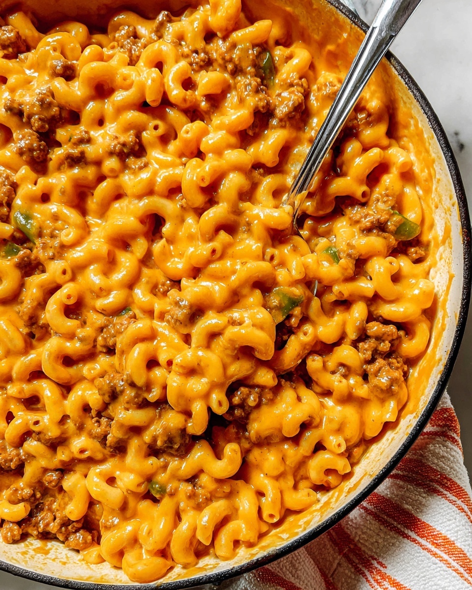 A beige bowl filled with creamy macaroni and cheese mixed with small pieces of browned ground meat and green bits, likely peppers, showing a soft and saucy texture covering all the short elbow pasta curves. A silver spoon rests inside the bowl, with the handle placed diagonally towards the bottom. The bowl sits on a white marbled surface next to a glass of ice water on the left and a white and orange striped cloth under the bowl. Part of another bowl with the same food is visible on the right side. Photo taken with an iphone --ar 4:5 --v 7