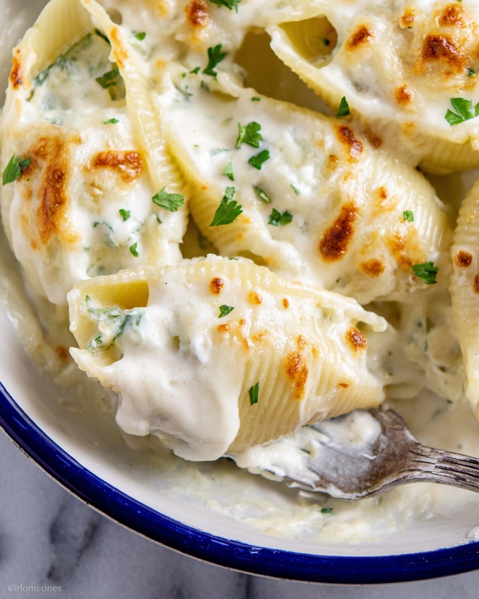 The image shows large pasta shells filled with a creamy white cheese mixture, covered in a smooth white sauce with light golden brown spots on top from baking. There are small green herbs sprinkled over the dish adding a fresh touch. The shells are placed closely together inside a white bowl with a dark blue rim. A silver fork rests partially in the bowl on the right side. The background surface is white marble. photo taken with an iphone --ar 4:5 --v 7