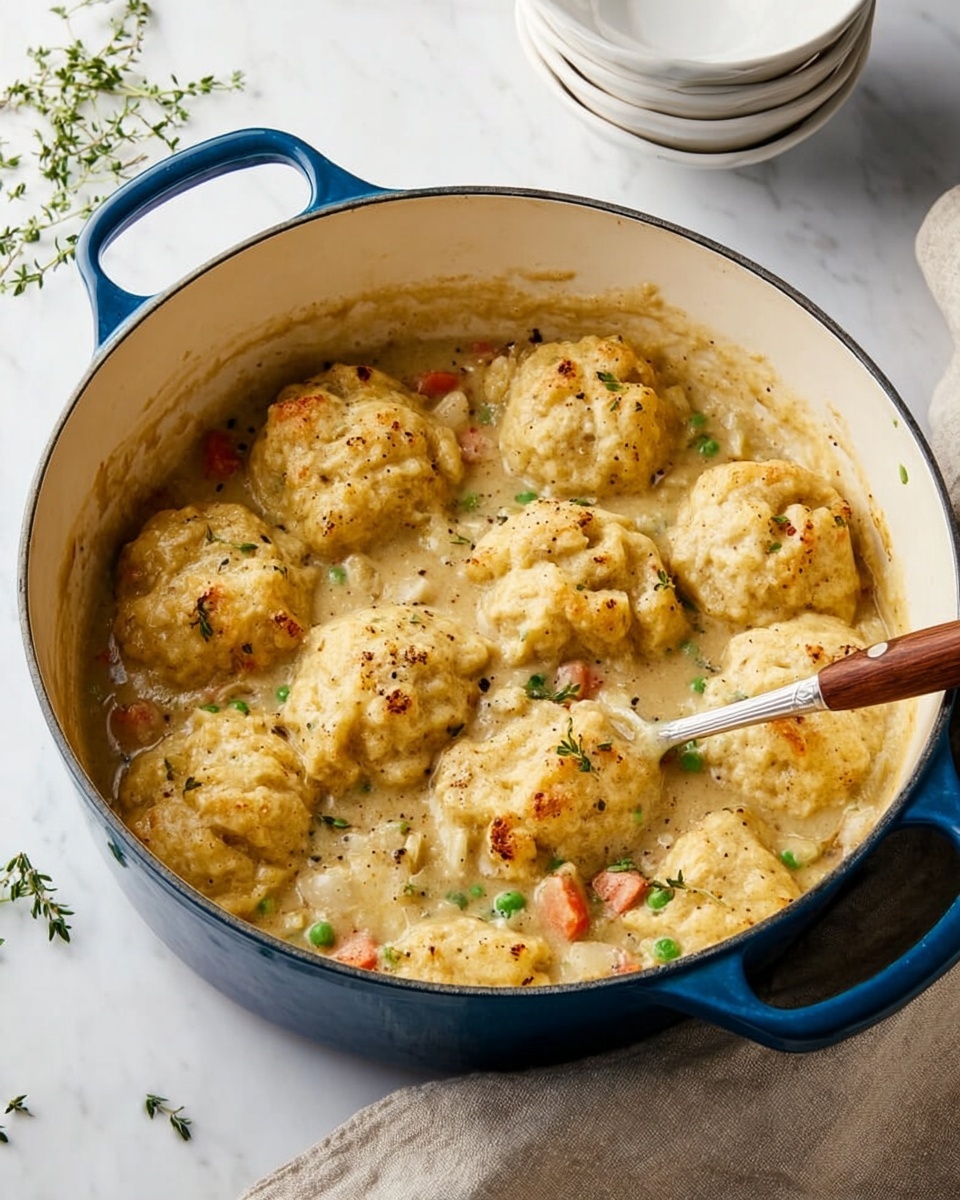 The image shows a blue pot filled with a creamy dish featuring around ten golden-yellow dumplings layered on top, each with a slightly rough texture and sprinkled with small green herbs and black pepper. Beneath the dumplings, there is a thick, creamy sauce mixed with small bits of orange carrot and green peas. A silver spoon with a wooden handle is partially submerged on the right side, stirring the dish. The pot sits on a white marbled surface, and sprigs of fresh herbs are blurred in the background. Photo taken with an iphone --ar 4:5 --v 7