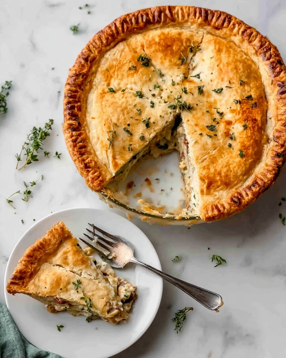 The image shows a round pie with a golden brown crust that is thick and slightly flaky with a crimped edge all around. The top layer is smooth with a few small cracks and some green herbs sprinkled on top, mostly near the center. One slice is cut out and placed on a white plate below the pie, showing the filling inside which looks creamy with bits of green herbs and light-colored chunks. A fork with some pie filling is resting on the white plate next to the slice. The pie and plate sit on a white marbled surface with some small green herbs scattered around for decoration. Photo taken with an iphone --ar 4:5 --v 7