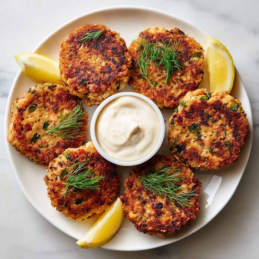 The image shows five golden-brown fish cakes with uneven edges, scattered on a white marbled surface. Each fish cake has small green herbs and bits of onion visible in the patty, giving a textured look. One fish cake in the center is topped with a small sprig of dill. Around the fish cakes, small chopped green herbs are spread lightly. Two lemon wedges are placed on the surface, one near the top-left and the other near the bottom-right. There is a small white bowl filled with white sauce near the bottom-right corner and a shiny spoon holding some of the sauce near the left side of the image. The colors are warm and natural with a clean, fresh background. photo taken with an iphone --ar 4:5 --v 7
