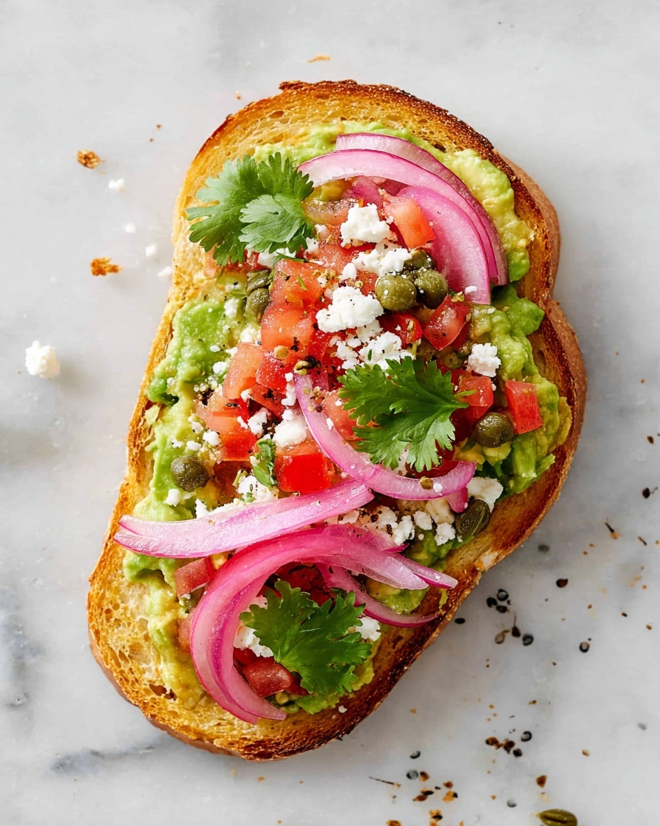 The image shows one slice of toasted golden brown bread as the base layer, topped with mashed green avocado spread evenly. On top of the avocado, there are small white crumbles of cheese scattered around, along with thick slices of bright pink pickled onions arranged in a curve. There are small diced red tomatoes and dark green capers sprinkled in the center, with a few fresh cilantro leaves placed on top for garnish. The toast is placed on a white marbled surface, with a few crumbs and a small black sesame seed nearby. photo taken with an iphone --ar 4:5 --v 7