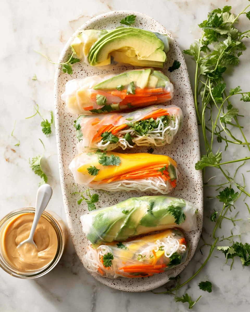 A pair of woman's hands is rolling a translucent rice paper sheet filled with thin strips of orange carrot, yellow mango, green herbs, and some green leaves. The rice paper is soft and see-through, showing the colorful layers inside. The filling layers are bright and fresh, with the orange carrot strips and yellow mango strips on top, and green leaves at the bottom, all arranged loosely in the center of the paper. The hands are gently lifting the edge of the rice paper to fold it over the ingredients. The surface below is a white marbled texture with a soft white and gray striped cloth underneath the hands, creating a clean and cozy setting. Photo taken with an iphone --ar 4:5 --v 7