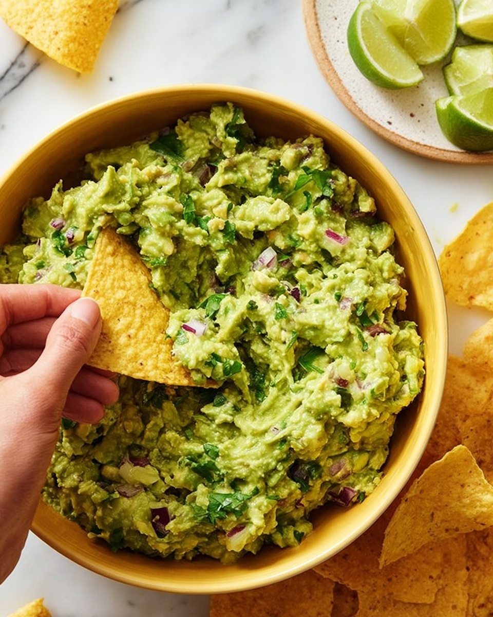 A large pale yellow bowl filled with chunky green guacamole mixed with small pieces of red onion and herbs, with a silver spoon resting inside the bowl near the front. To the side on a round beige plate are yellow tortilla chips with light brown spots, slightly overlapping each other. Next to the plate is a small wooden bowl holding four lime wedges. The setup sits on a white marbled surface, with a squeezed lime half partly visible at the bottom right corner. Photo taken with an iphone --ar 4:5 --v 7