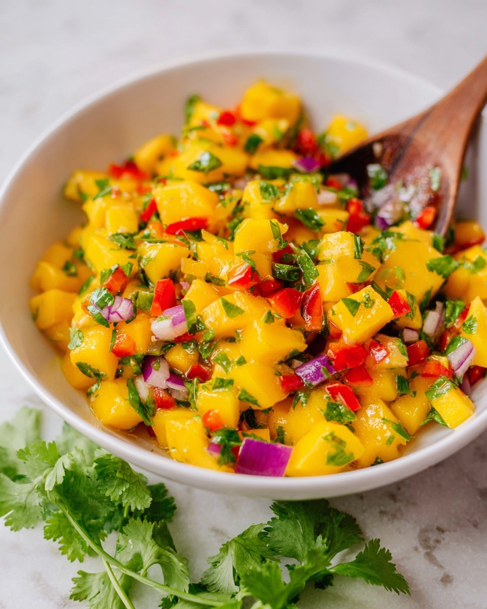 This image shows a close-up of a white bowl filled with a colorful mango salsa. The salsa has bright yellow chunks of mango as the main layer, mixed with small pieces of red bell pepper, purple onion, and green bell pepper. Fresh green cilantro leaves are scattered throughout, adding texture and color contrast. The salsa looks juicy and slightly shiny, with a wooden spoon partially visible inside the bowl on the right side. Some fresh cilantro sprigs are placed in front of the bowl on a white marbled surface. photo taken with an iphone --ar 4:5 --v 7