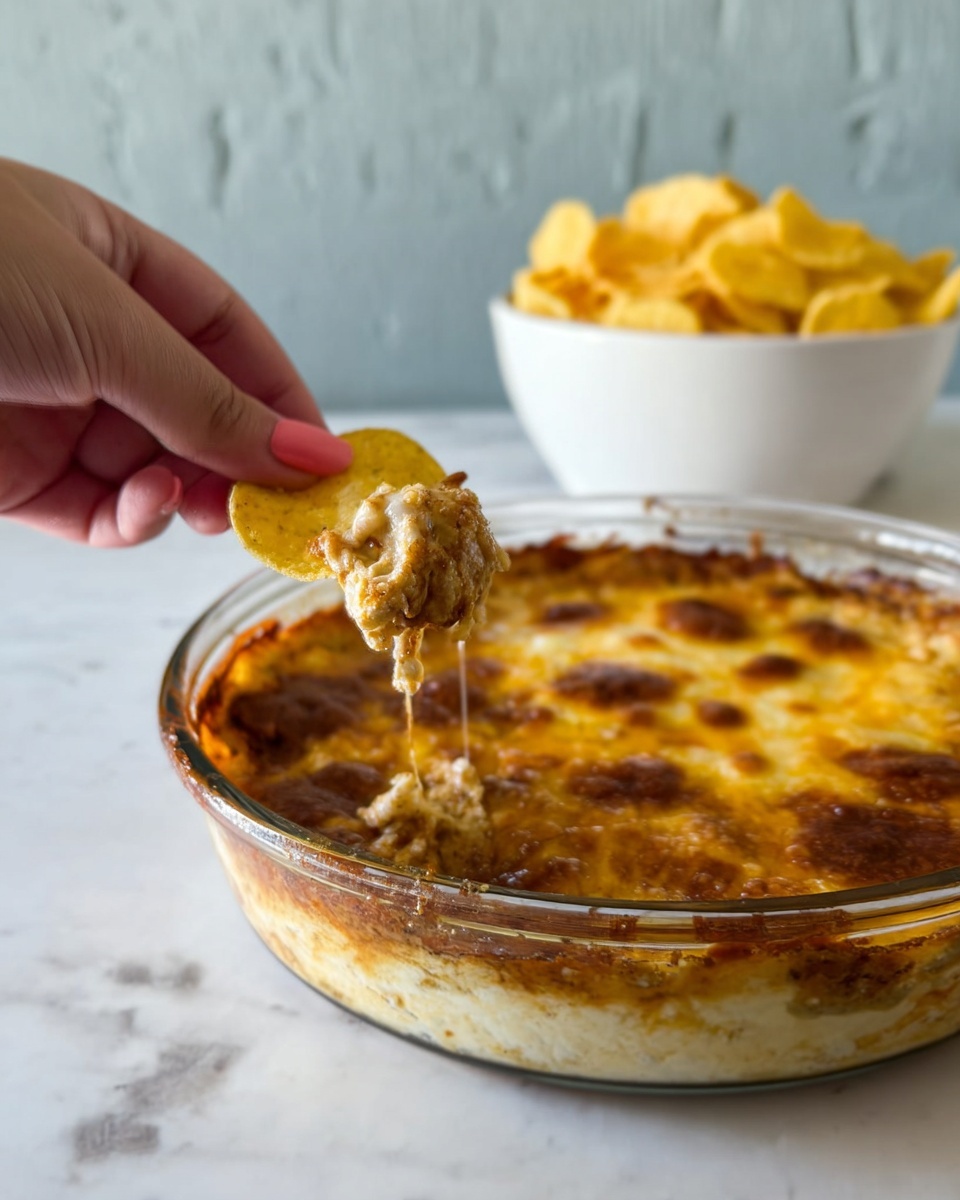 A clear glass round dish filled with a baked dip showing a golden-brown melted cheese layer on top with some darker browned spots around the edges and center. In the foreground, a woman's hand holds a small curved yellow chip dipped into the thick, creamy, and cheesy dip, with the dip clinging to the chip and showing a mix of melted cheese and sauce texture. In the background, out of focus, there is a white bowl filled with more yellow curved chips. The scene is set on a white marbled surface with a light-colored textured wall behind. photo taken with an iphone --ar 4:5 --v 7