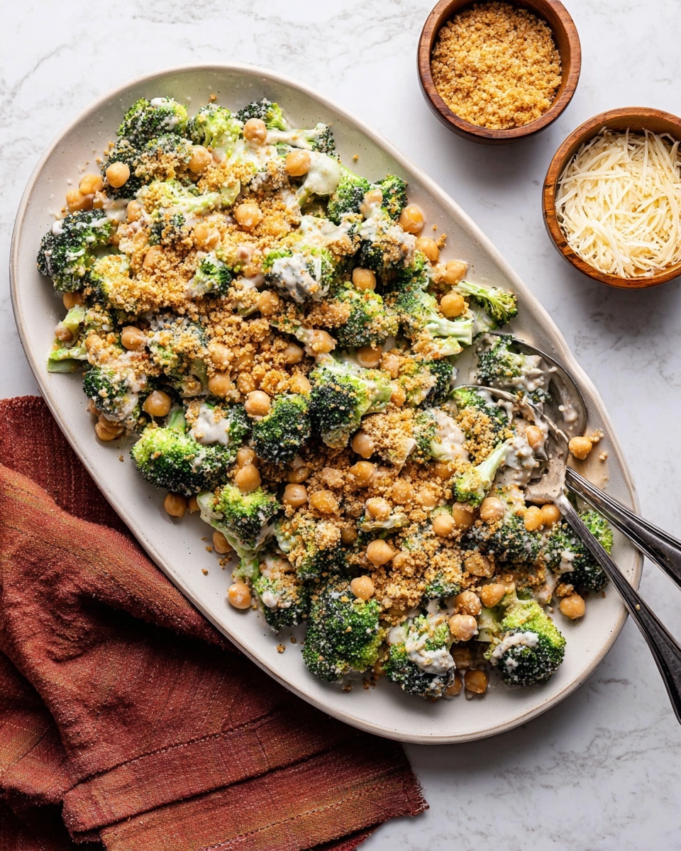 A long white plate holds a dish with three layers: the bottom layer is a bed of golden-brown quinoa spread evenly, the middle layer consists of bright green broccoli florets and orange chickpeas scattered on top, and the top layer is light beige creamy sauce drizzled across the broccoli and chickpeas. The plate is set on a white marbled surface, with a small white bowl filled with grated cheese on the upper left and another small white bowl with red pepper flakes on the right. A woman’s hand holds a wooden-handled black fork and spoon resting at the bottom right of the plate. Photo taken with an iphone --ar 4:5 --v 7