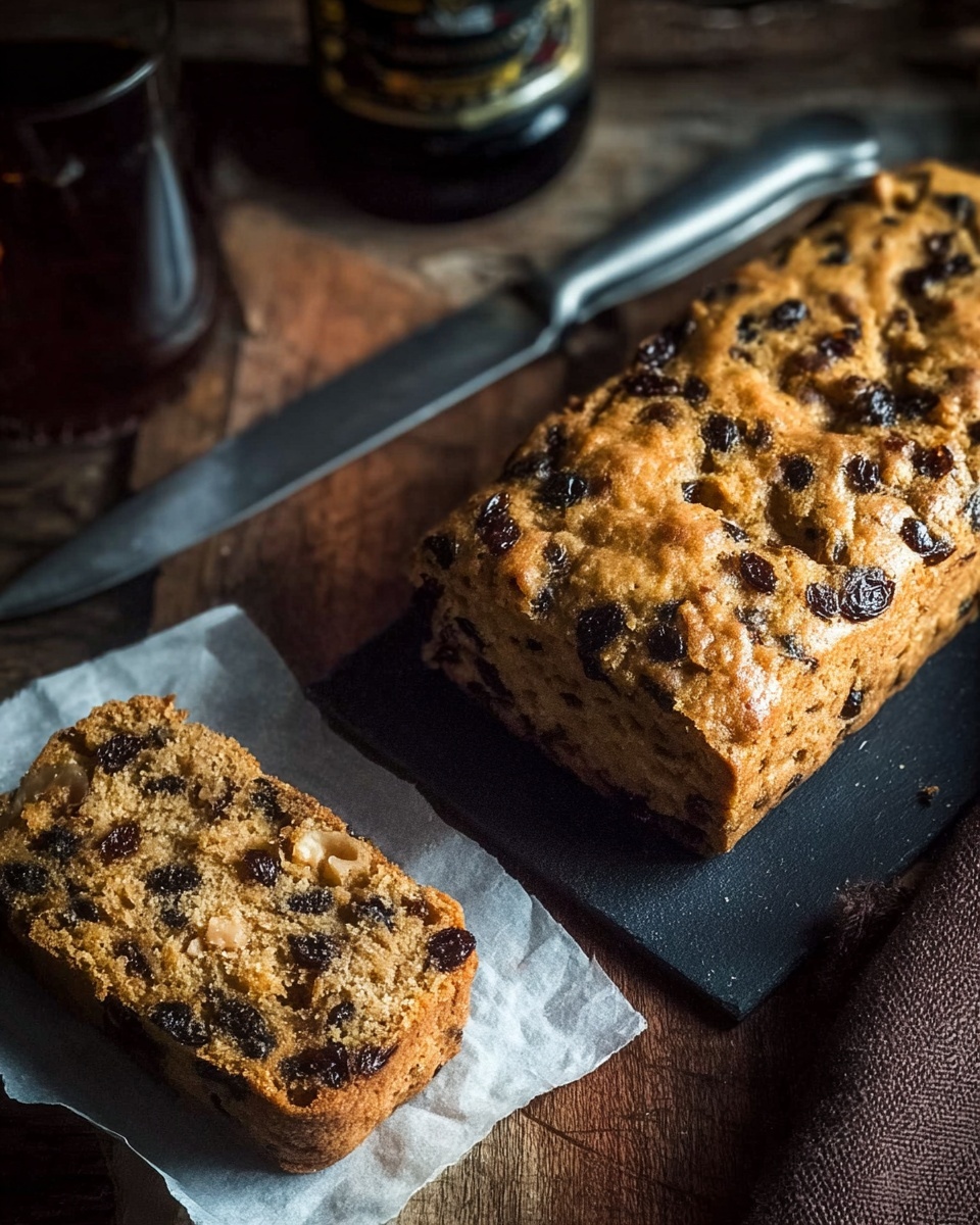 A close-up view of two rectangular golden brown nut and raisin cakes with a slightly rough texture, filled with dark raisins and bits of nuts scattered throughout. The larger cake is placed on a black rectangular board, while a smaller piece rests on white parchment paper. The surface beneath is a worn wooden cutting board with visible scratches, accompanied by a dark brown textured kitchen towel and a knife with a silver blade. A dark rounded bottle with a label is visible in the background. The colors are warm and rustic, highlighting the rich texture and ingredients of the cakes. photo taken with an iphone --ar 4:5 --v 7