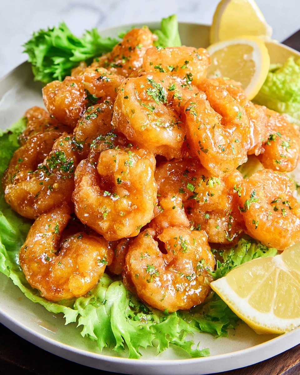 A dark plate holds a pile of orange fried shrimp coated in a shiny sauce tinted with green herbs. Beneath the shrimp, bright green lettuce leaves form a fresh base. Two lemon slices with their pale yellow color rest on the lettuce on either side. A green mint leaf adds extra color on the front edge of the plate. The plate sits on a white marbled surface, next to wooden chopsticks on a small gray chopstick holder, an unopened can, and a whole lemon in the background. Photo taken with an iphone --ar 4:5 --v 7